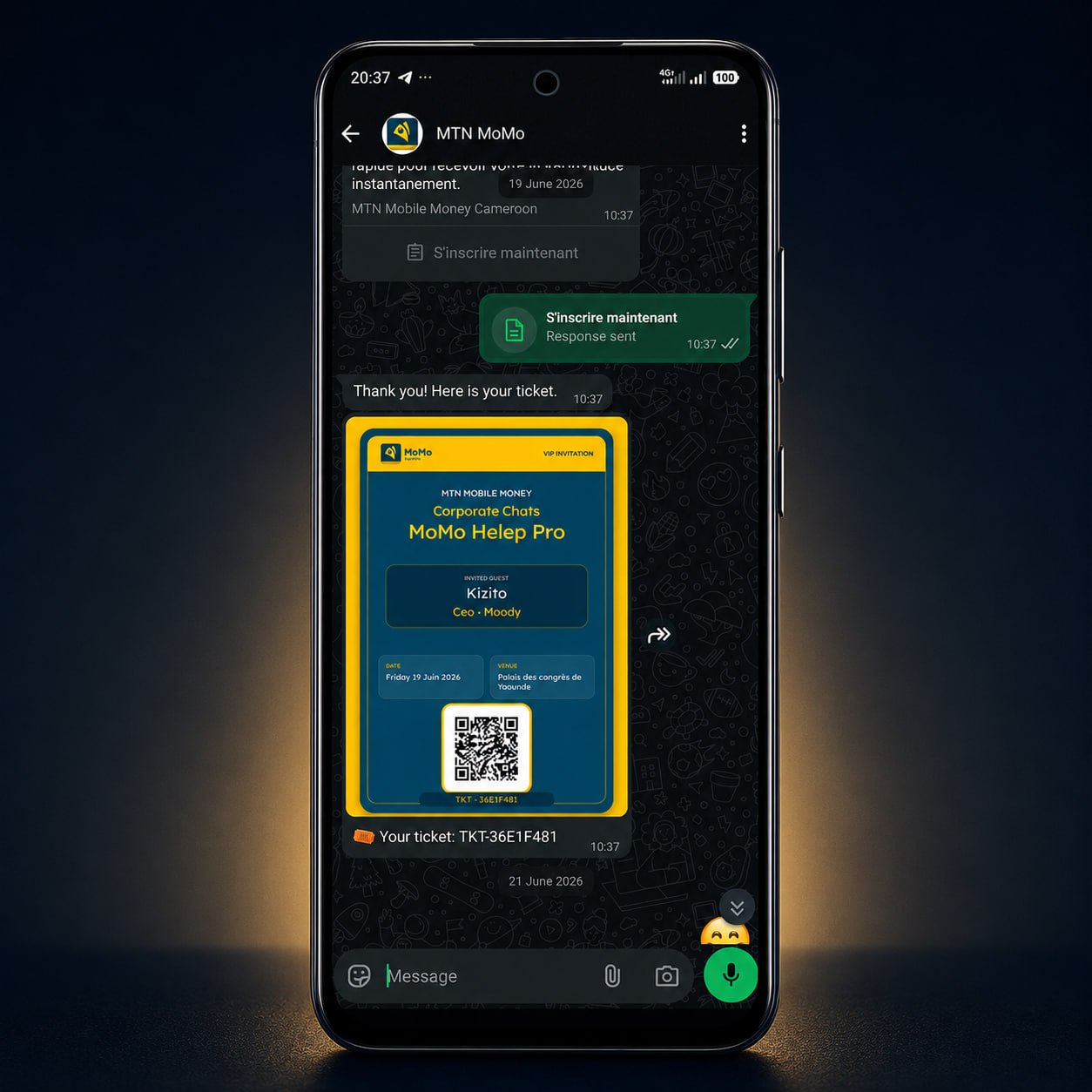 WhatsApp registration confirmation with a personalized event ticket and QR code