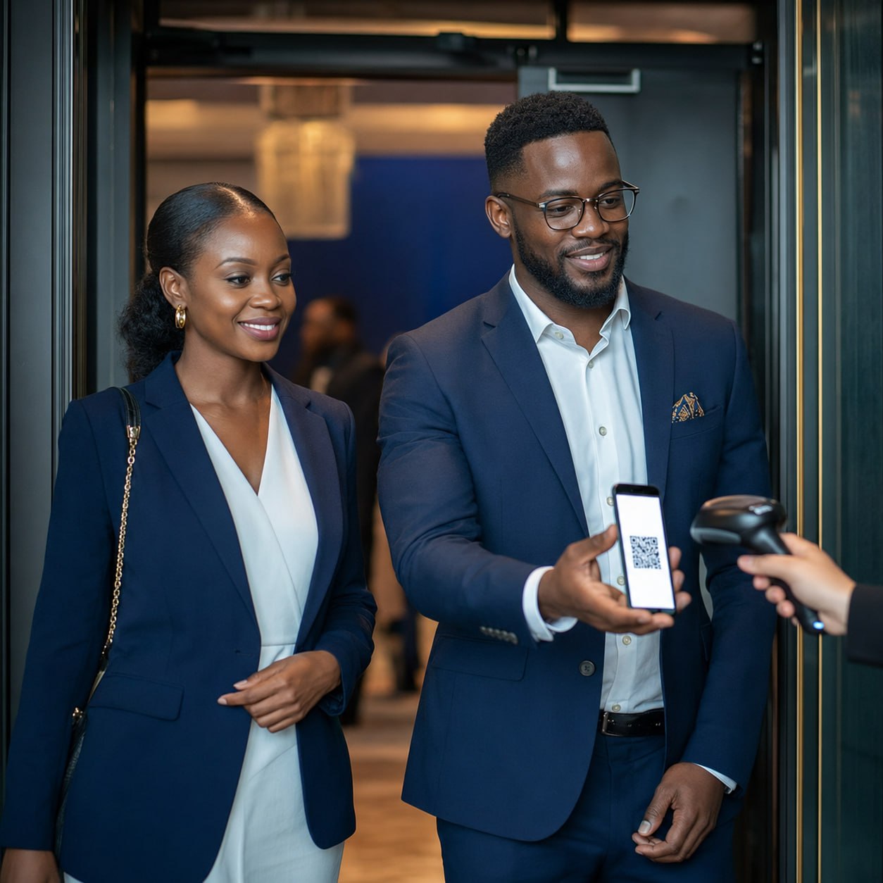 Event guest presenting a QR code for scanning at the entrance