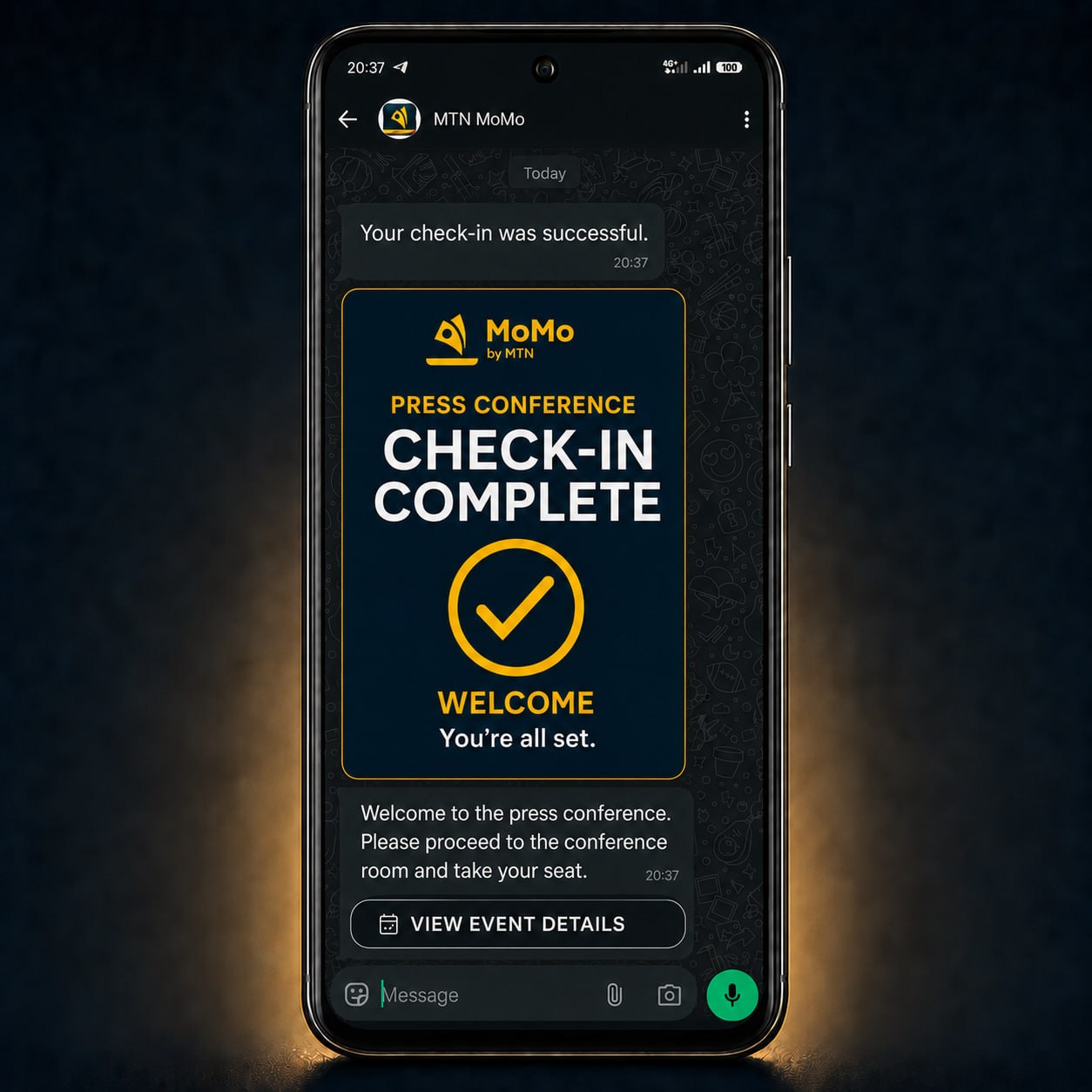 WhatsApp check-in success and welcome message sent to an event guest