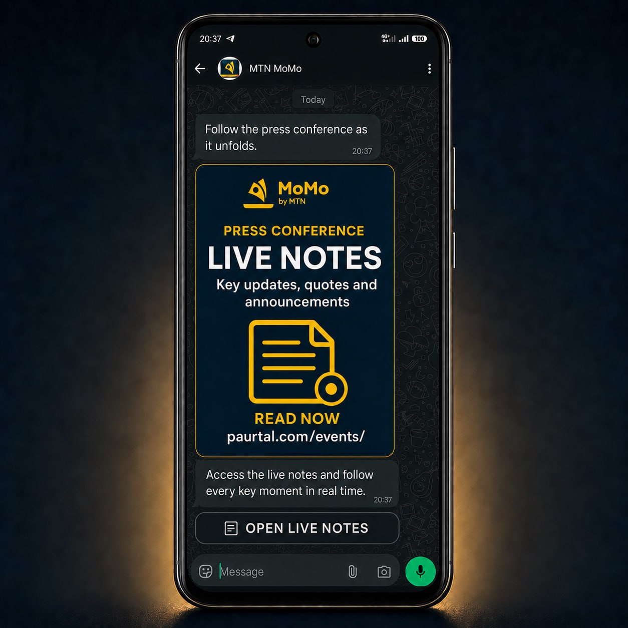 WhatsApp event live notes message used for continued engagement and post-event follow-up